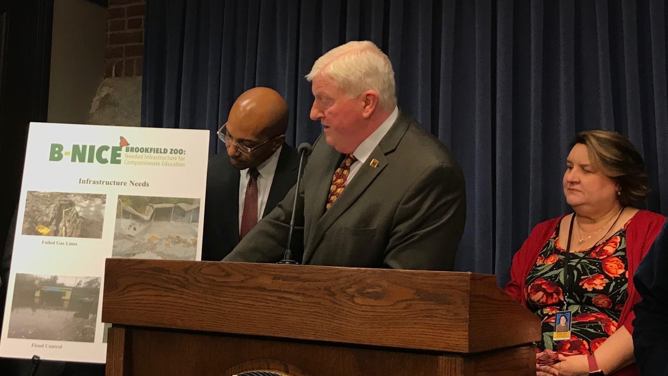 Stuart Strahl, president of the Chicago Zoological Society, explains the infrastructure problems at Brookfield Zoo at a news conference Wendesday February 13 where the group asked the state for helping fixing the issues in the upcoming capital bill. 