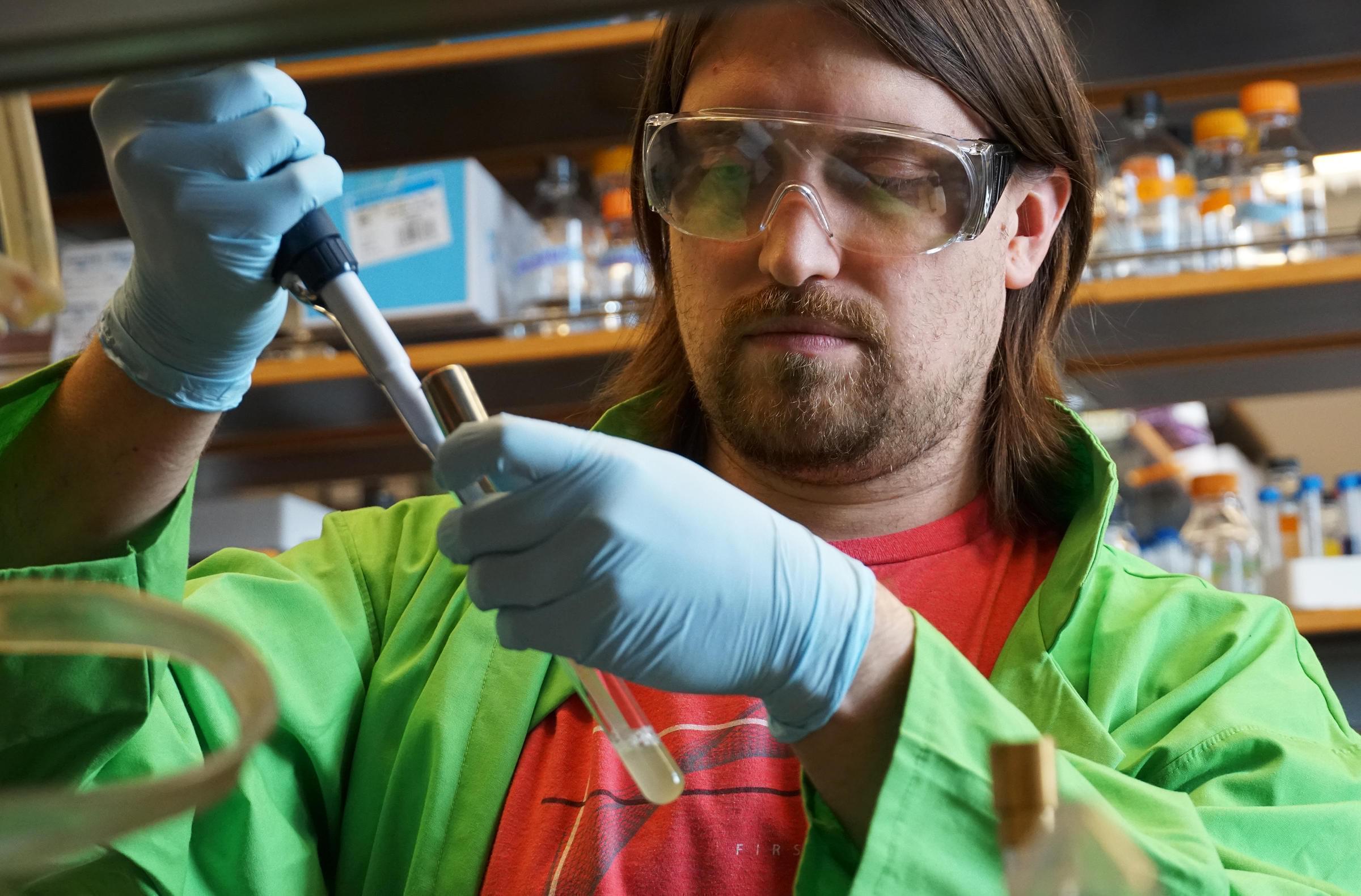 Washington University postdoctoral researcher Corey Westfall is part of a team investigating how the chemical triclosan interferes with antibiotic treatment.