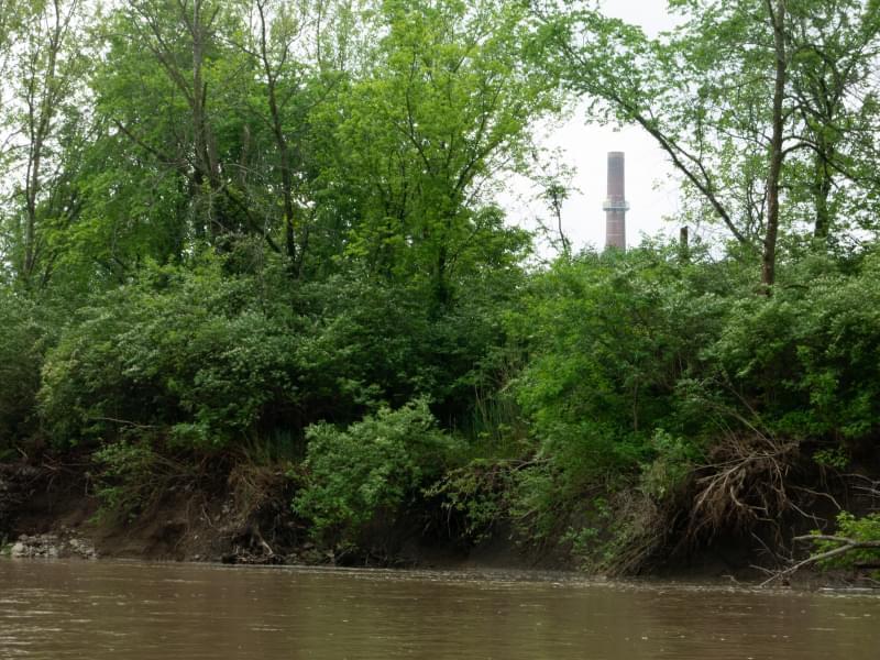 The smokestack of Dynegy's shuttered Vermilion Power Station towers over the Middle Fork River.