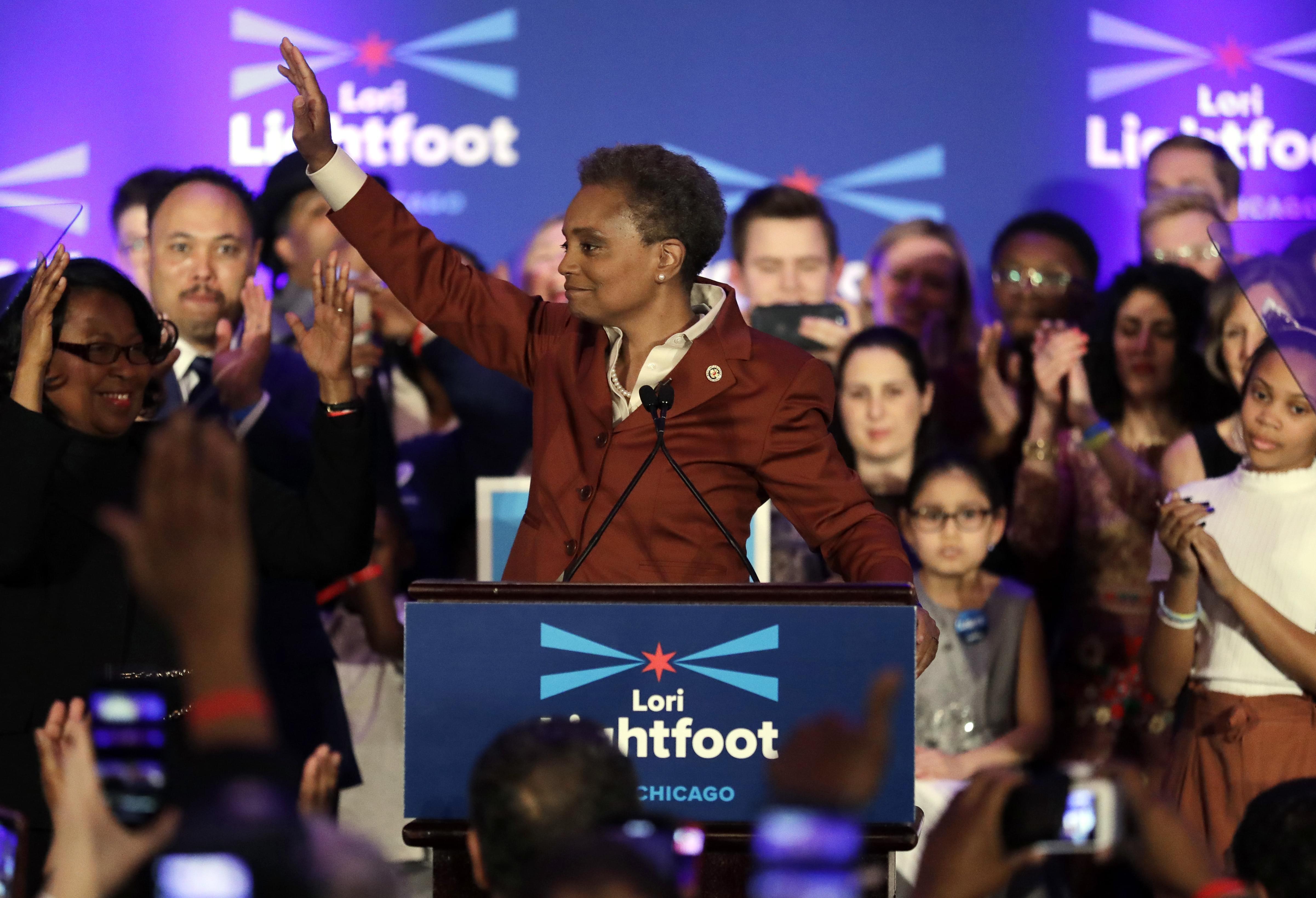 Lori Lightfoot waves to supporters as she speaks at her election night party Tuesday, April 2, 2019, in Chicago. Lori Lightfoot elected Chicago mayor, making her the first African-American woman to lead the city.