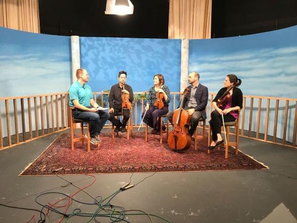 Illinois Public Media's Brian Moline and the Jupiter String Quartet in the WILL-TV studio.