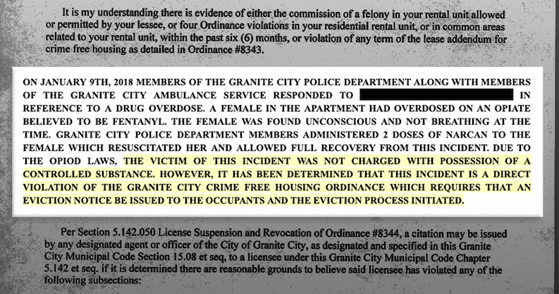 Part of letter the Granite City Police Department sent to a landlord instructing them to evict a tenant, using crime-free housing rules.