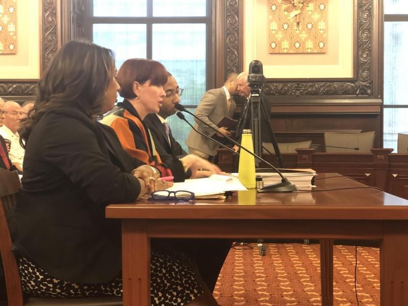 Deputy Gov. Christian Mitchell, Sen. Heather Steans, and Sen. Toi Hutchinson provide details to lawmakers regarding the recreational cannabis proposal. 