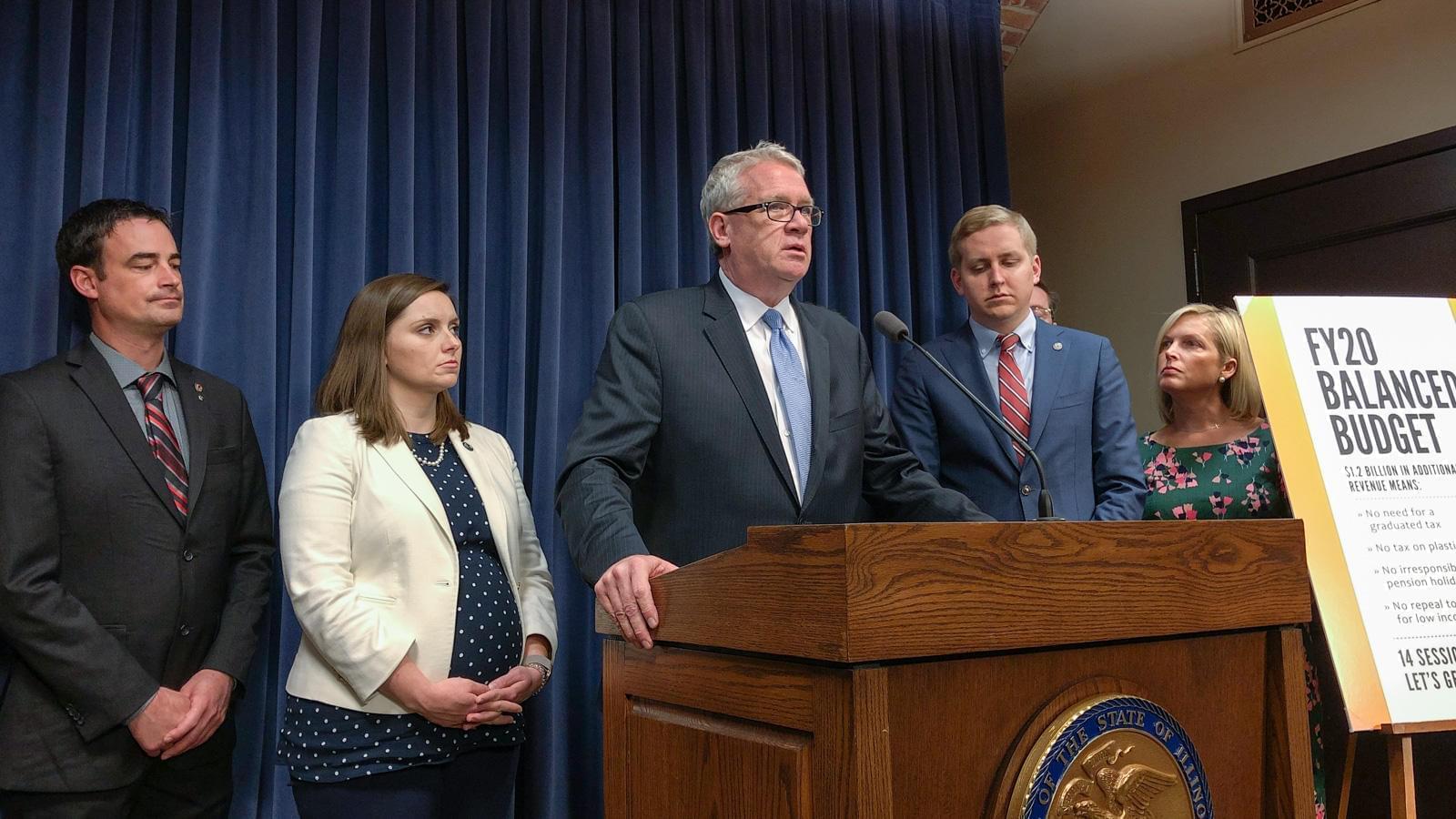 House Minority Leader Jim Durkin, at podium, addresses the media with other Republicans Thursday in the Illinois Statehouse.