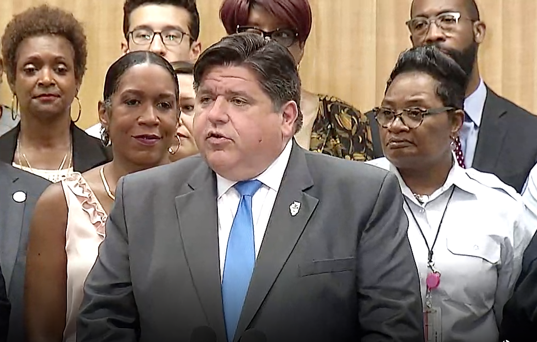 Gov. J.B. Pritzker addresses a crowd during a press event on Illinois' newly-signed state infrastructure plan in Chicago.