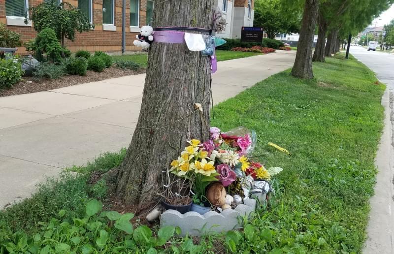 Unofficial Yingying Zhang Memorial at the campus bus stop where she was last seen.