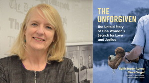 Edith Brady-Lunny with the cover of her book, The Unforgiven