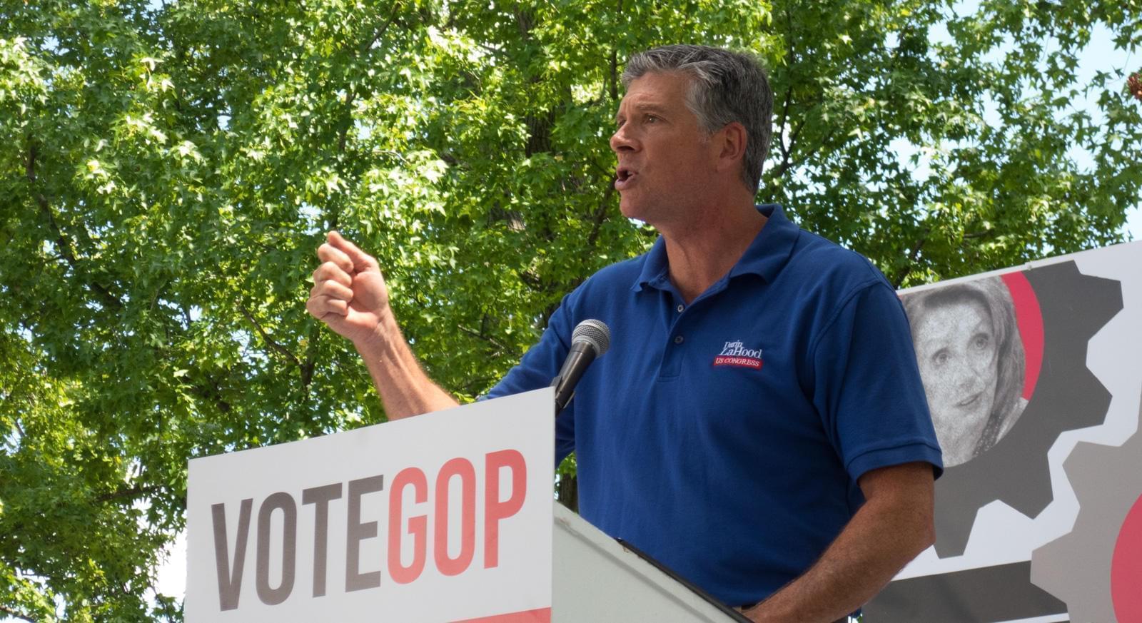 Illinois Congressman Darin LaHood addresses the party faithful at the Illinois Republican Party's annual State Fair rally on Aug. 15, 2019.