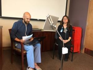 Adam Paarlberg and medical assistant Ngun Tial demonstrate how the live interpreter MARTI system works. 