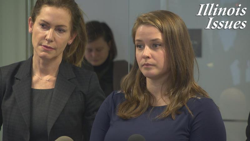 Alaina Hampton, right, detailed her harassment complaint at a news conference in March 2018.