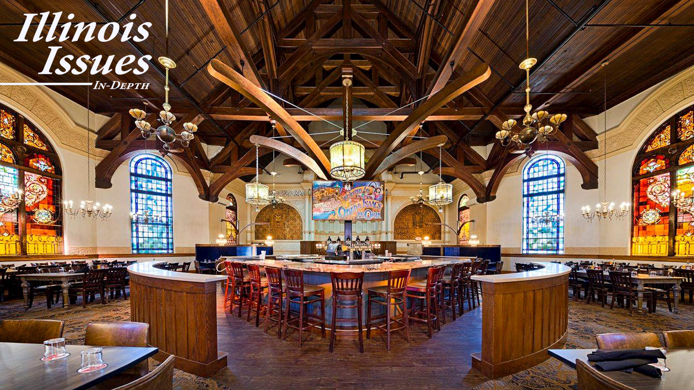 The interior of Obed and Issac's Peoria, a restaurant built inside a converted Presbyterian church