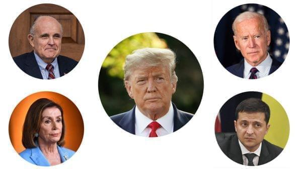 Clockwise from top left: Rudy Giuliani, Donald Trump, Joe Biden, Ukrainian president Volodymyr Zelenskiy and House Speaker Nancy Pelosi.