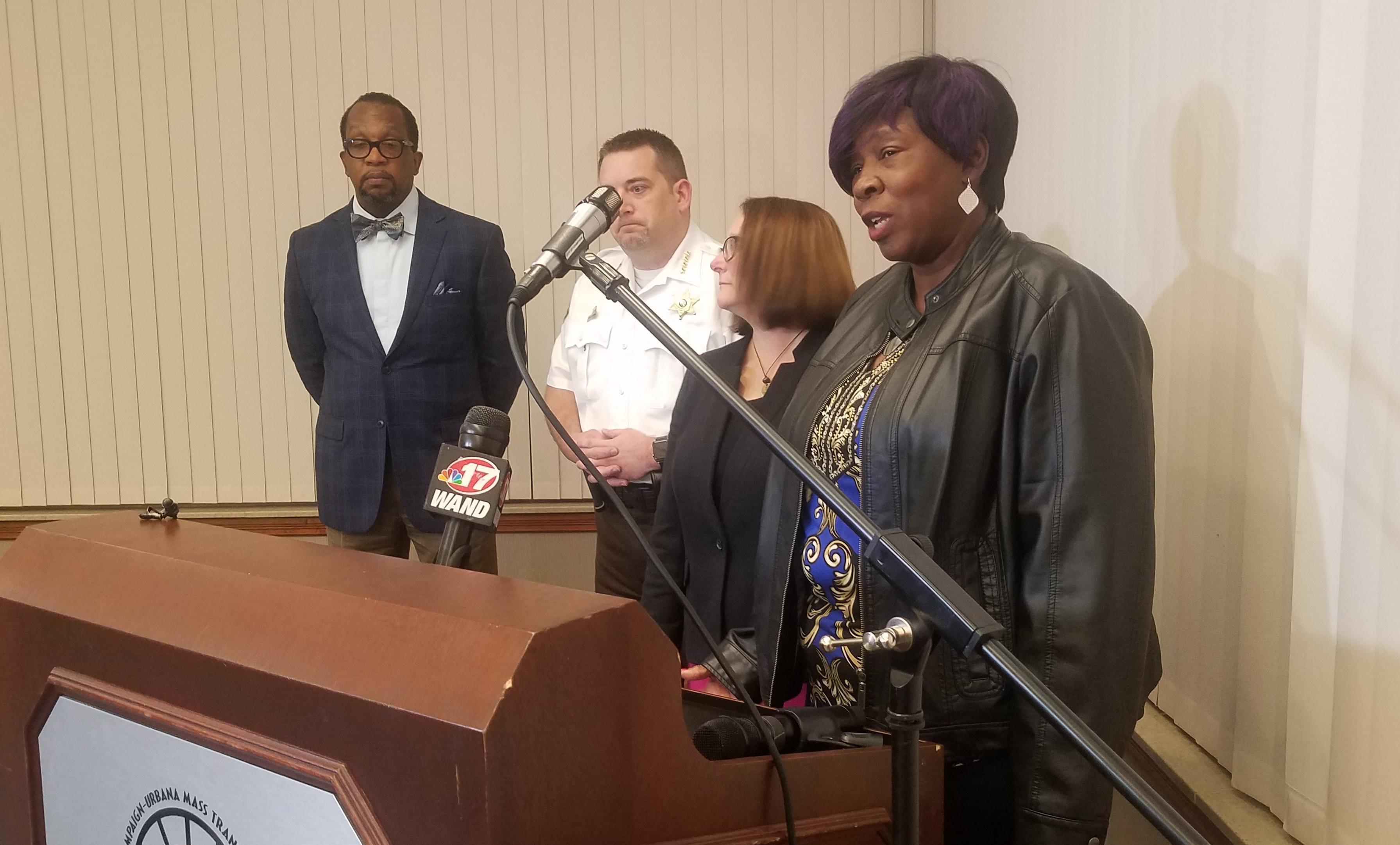 Mary Brown, whose son, Rashini Overstreet was killed by gun violence, talks to reporters following Thursday's CU Fresh Start Call-In in Champaign.