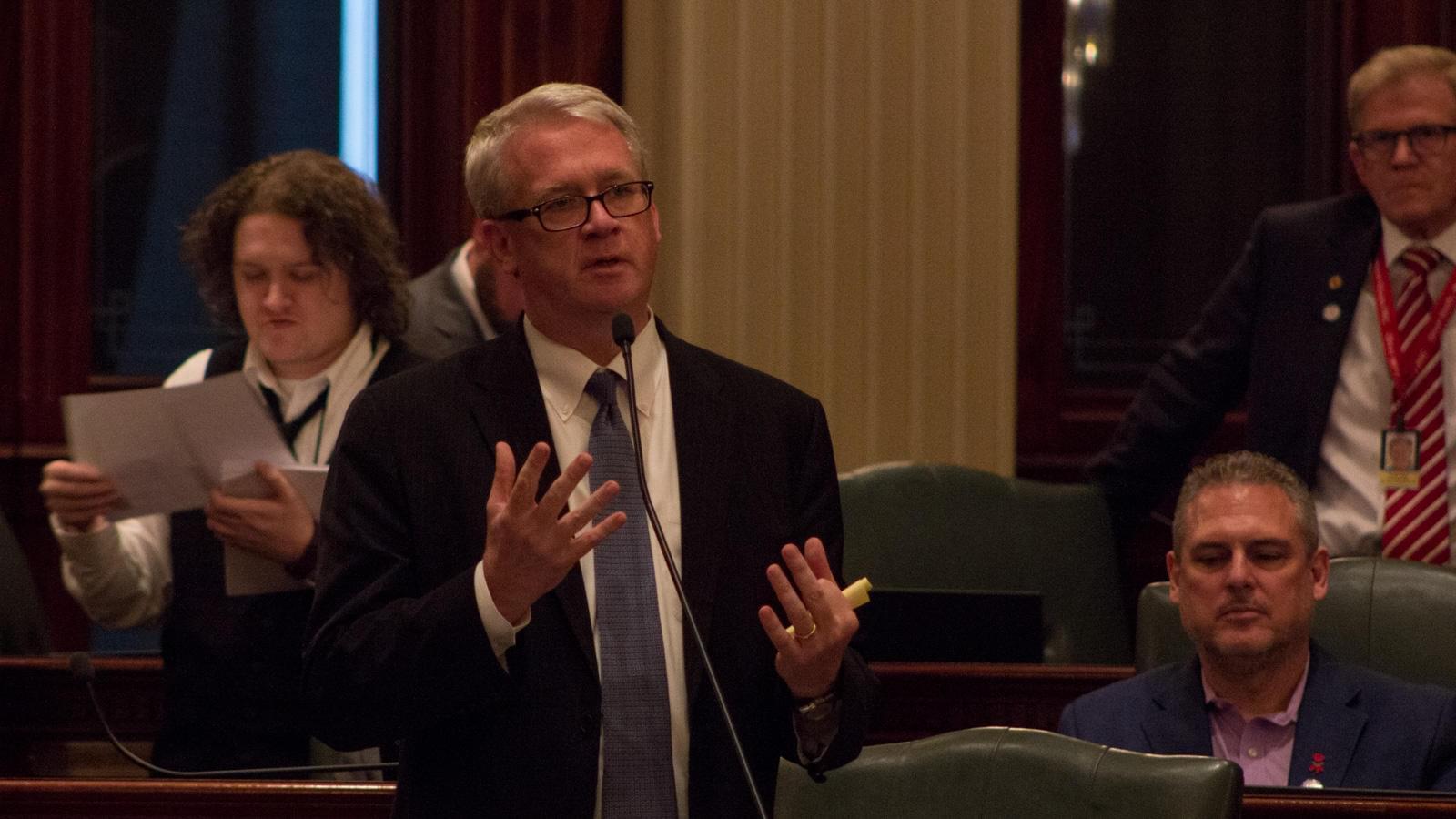 House Republican Leader Jim Durkin, shown here in a file photo from June 2019, is urging the House to move quickly to expel Rep. Luis Arroyo.