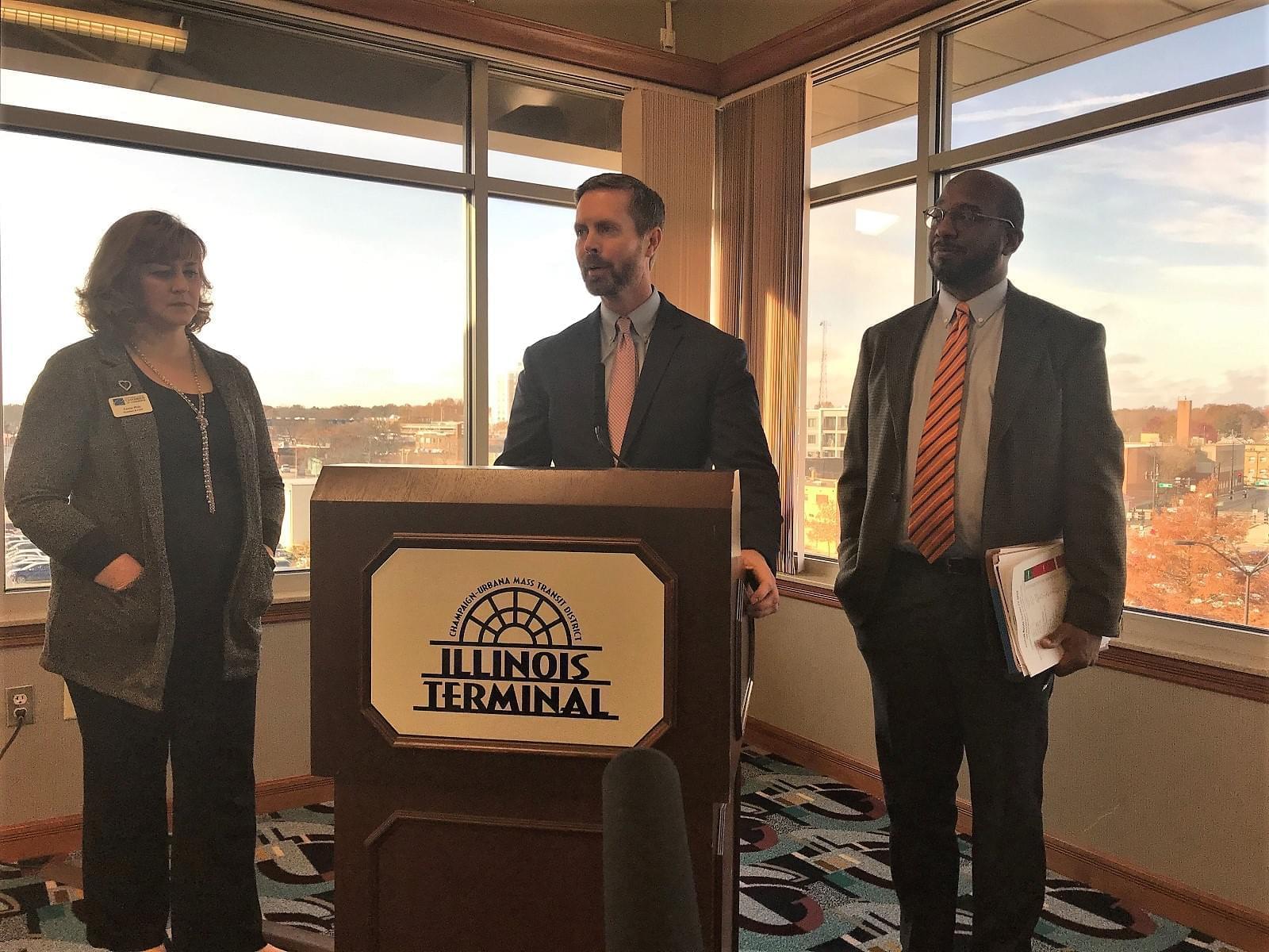 U.S. Representative Rodney Davis speaks after meeting with rail and local officials Friday in Champaign.
