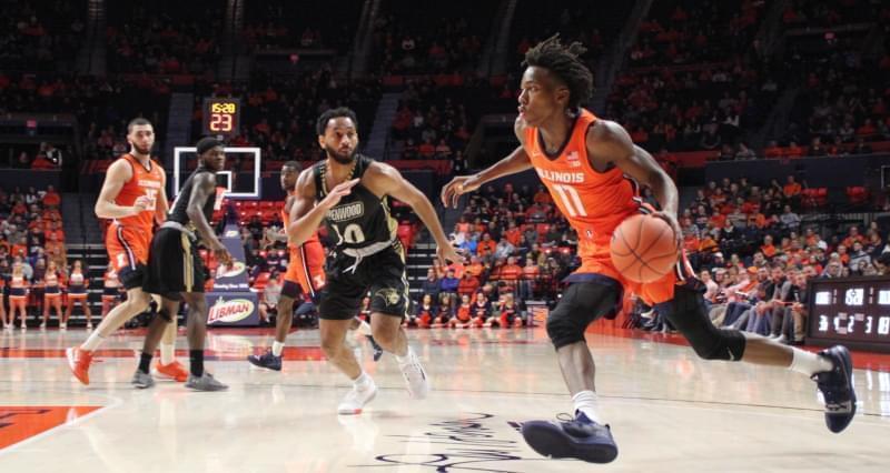Ayo Dosunmu drives to the basket against Lindenwood Tuesday night in Champaign.