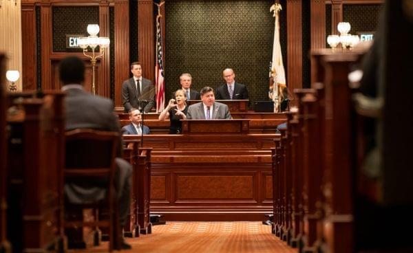 Gov. J.B. Pritzker delivers his State of the State address to the General Assembly in this photo provided by the state of Illinois.
