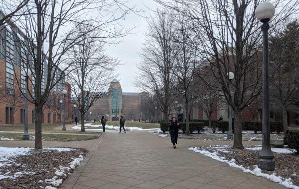 University of Illinois campus on a wintry day, students walking. 