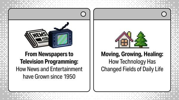 Two digital 1990s style computer tab images with the text:  Logging On: Histories of Life Before and After Computers and Understandings of New Technology: Artificial Intelligence 