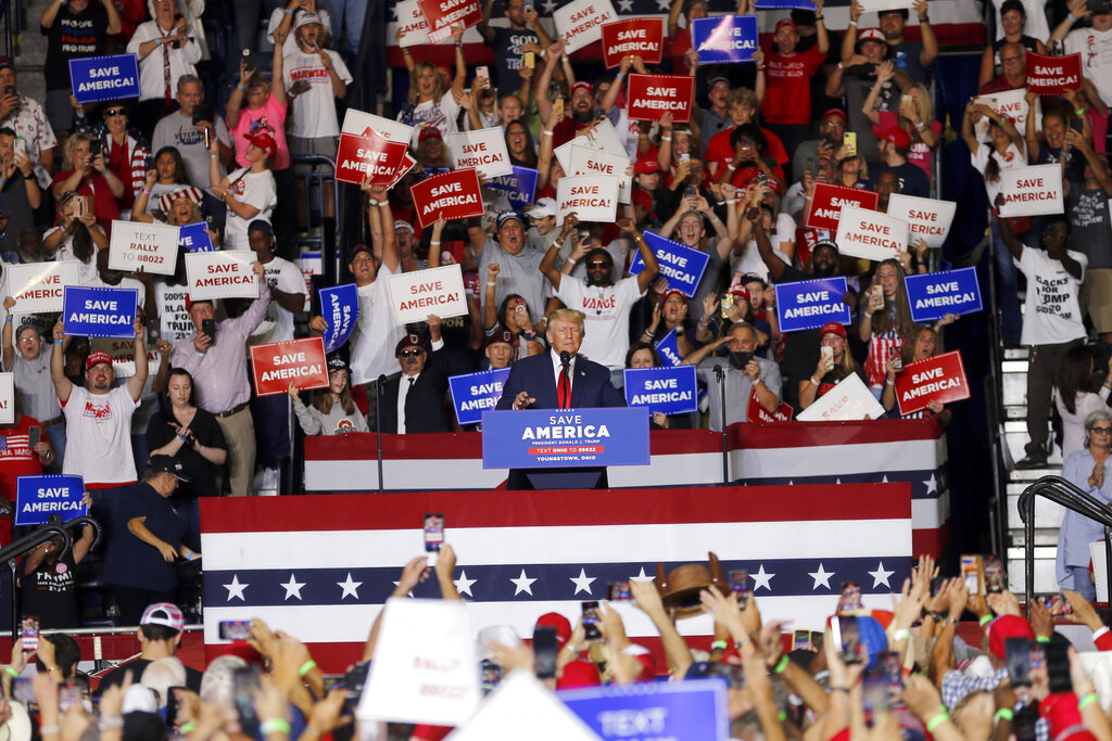 Former President Donald Trump speaks at a campaign rally in Youngstown, Ohio., Saturday, Sept. 17, 2022. 