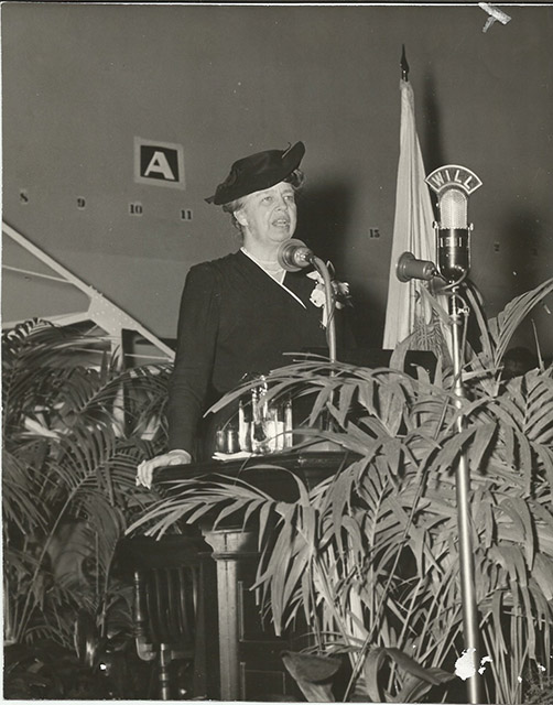Eleanor Roosevelt speaks behind a WILL microphone