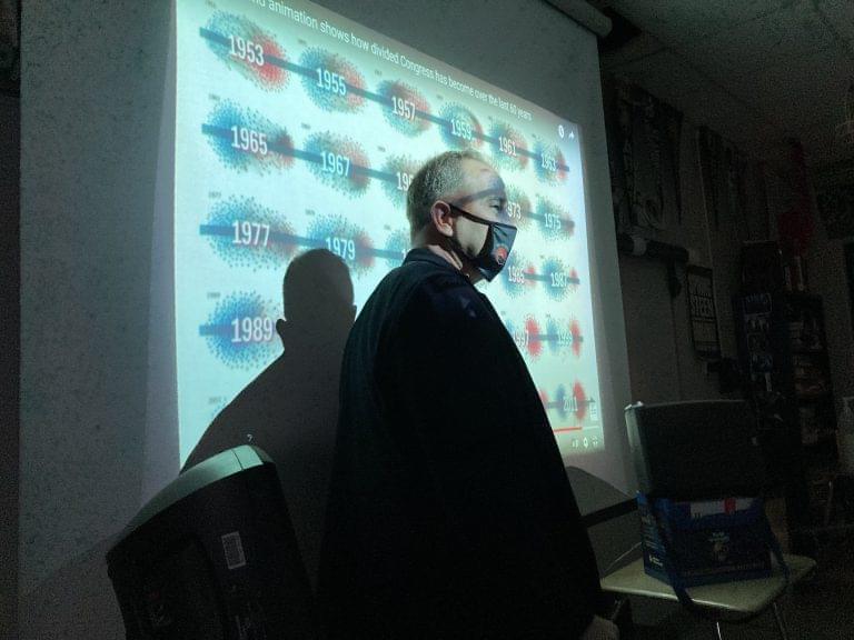 Kelly Keogh, a social studies teacher at Normal Community High School in central Illinois, conducts a lesson about polarization in American politics.