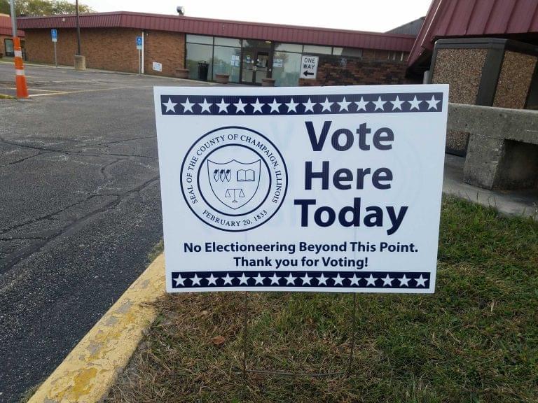 A sign identifies the Brookens Administrative Center in Urbana as a polling place for early voting.