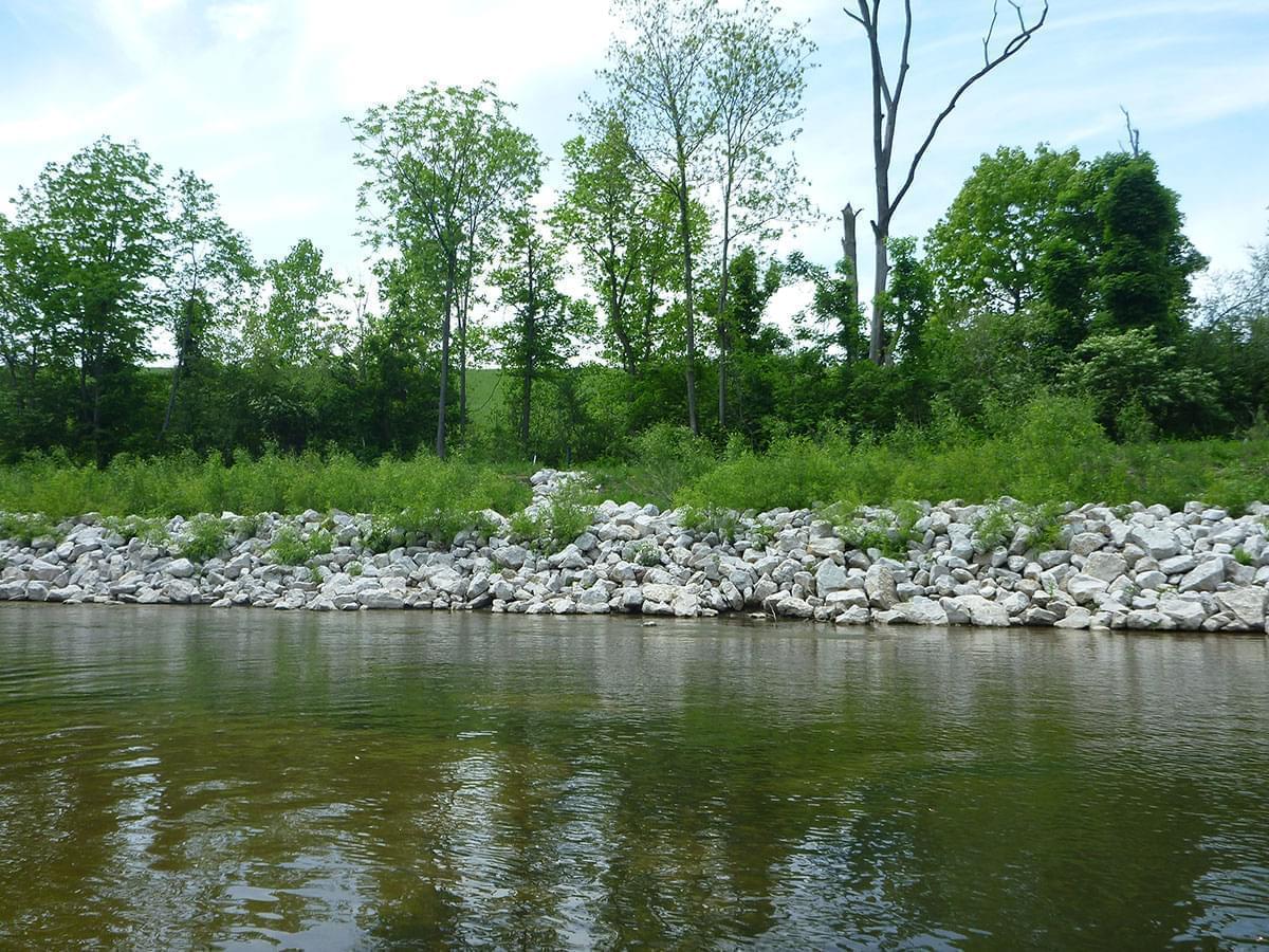 Stone boulders on the Middle Fork installed to prevent further erosion