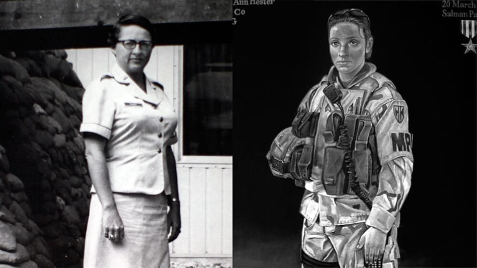 Side by side picture of women in war, one from the past, one from the present