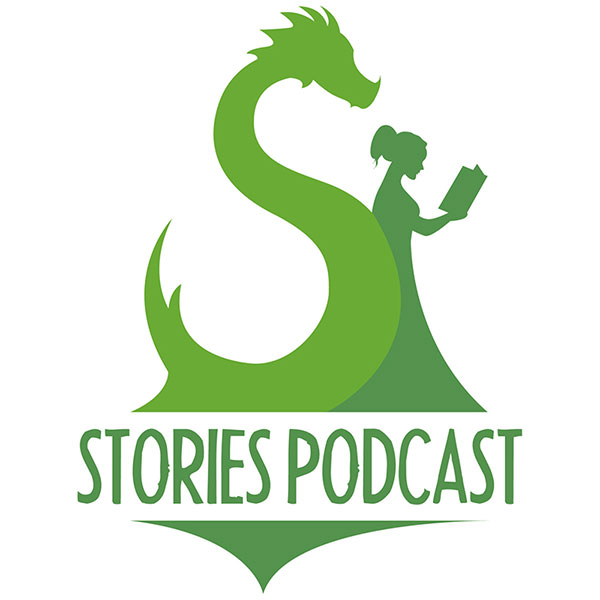 A logo with a dragon and a girl reading, text says stories podcast