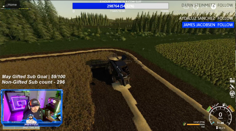 A screen shot of Harley Hand (lower left) playing Farming Simulator. He has more than 40,000 followers on his Facebook gaming page.