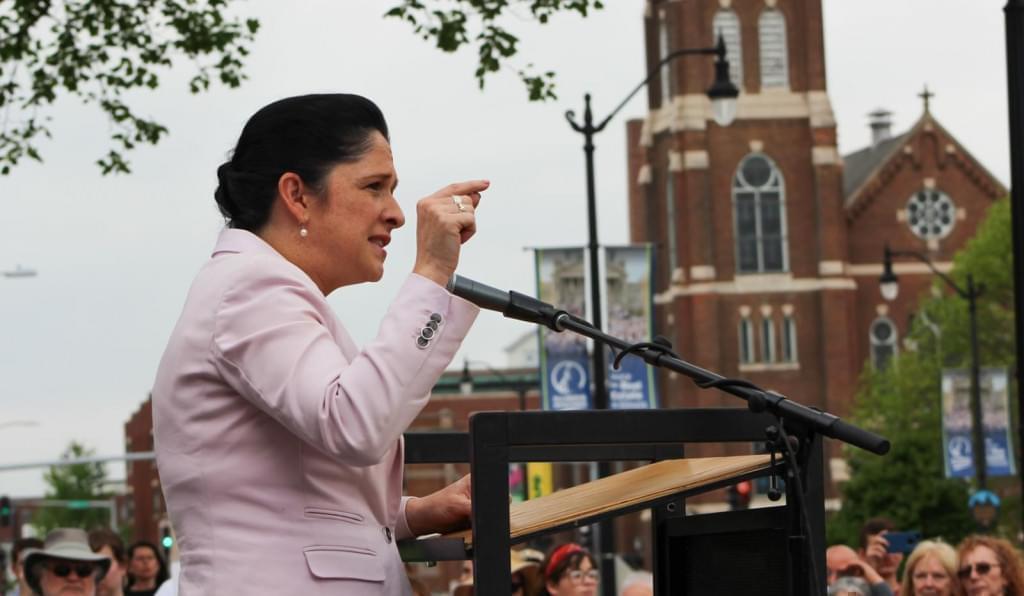 Illinois Comptroller Susana Mendoza addresses the Women's March outside the Illinois Capitol in this file photo from April 25, 2017.
