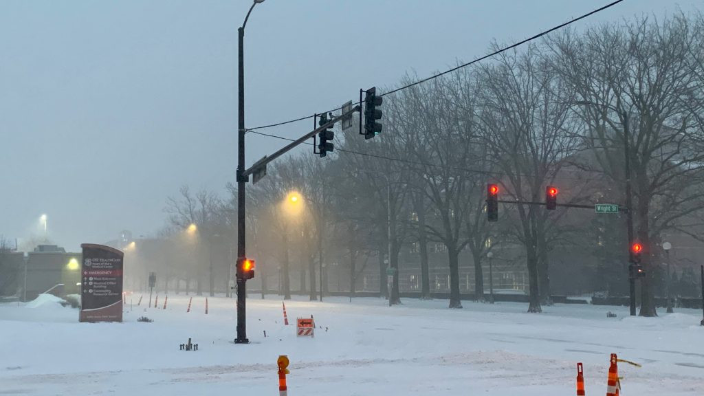 A look at University Avenue near the University of Illinois campus during a snowstorm during February of 2021. 