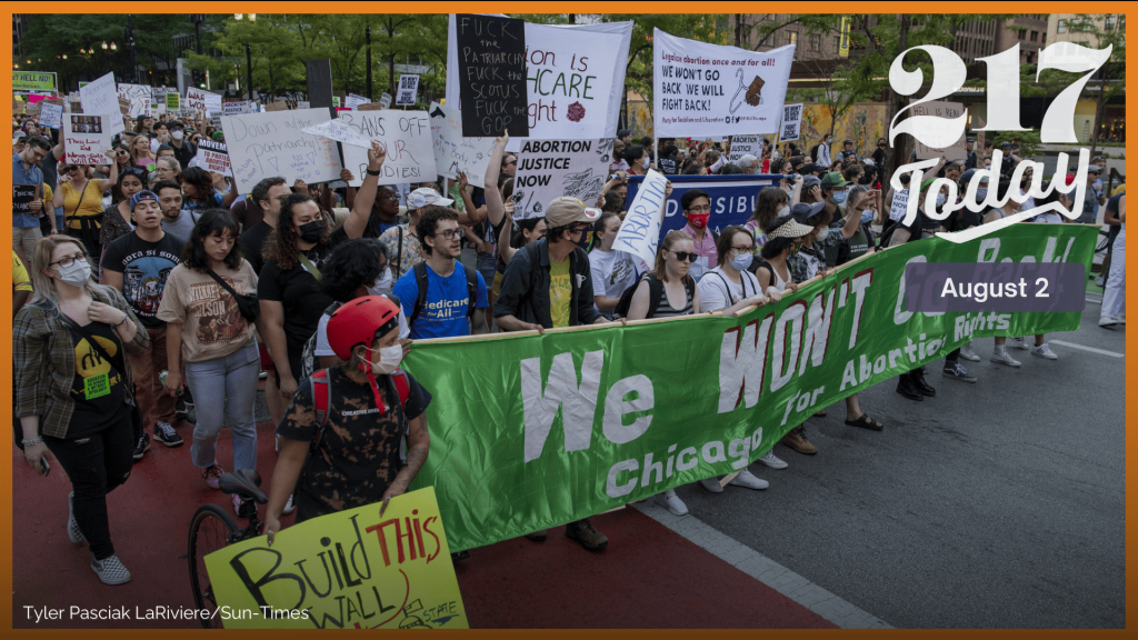 More than a thousand people march around downtown Chicago for abortion rights, Friday, June 24, 2022. Abortion providers say they’re preparing for potential protests and challenges to access for patients during the upcoming DNC.