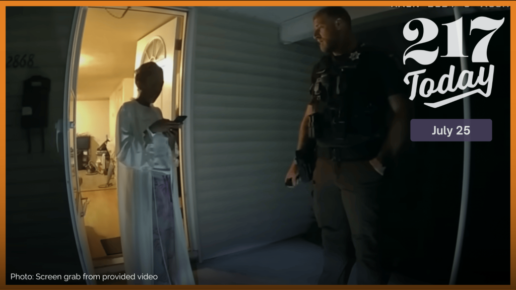 A screen grab from body camera footage released by the Sangamon County State’s Attorney shows the moment then-Sheriff’s Deputy Sean Grayson arrived at Sonya Massey's home in Springfield, Ill. after she called 911 to report a potential prowler.