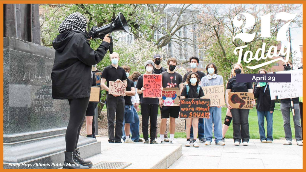 A Students for Justice in Palestine protester speaks at a rally for free speech on April 18, 2025.