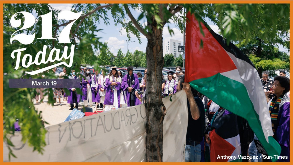 Supporters gather around for their own ceremony after a walkout of the Northwestern graduation ceremony last year. Northwestern students and faculty say a new anti-bias training video characterizes criticism of Israel as antisemitic.