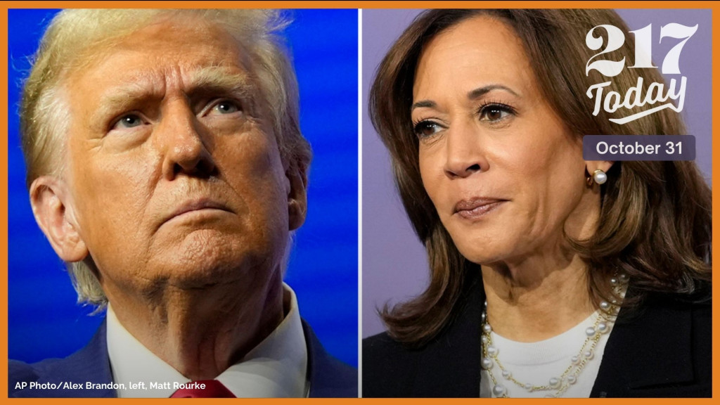 This combination of images shows Republican presidential nominee former President Donald Trump and Democratic presidential nominee Vice President Kamala Harris at separate campaign events Wednesday, Oct. 23, 2024, in Duluth, Ga., and Aston, Pa., respectively.