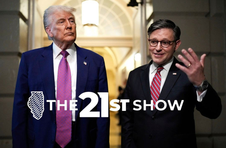 President Donald Trump and Speaker of the House Mike Johnson, R-La., speak to reporters after departing a House Republican conference meeting, Tuesday, May 20, 2025, at the U.S. Capitol in Washington.