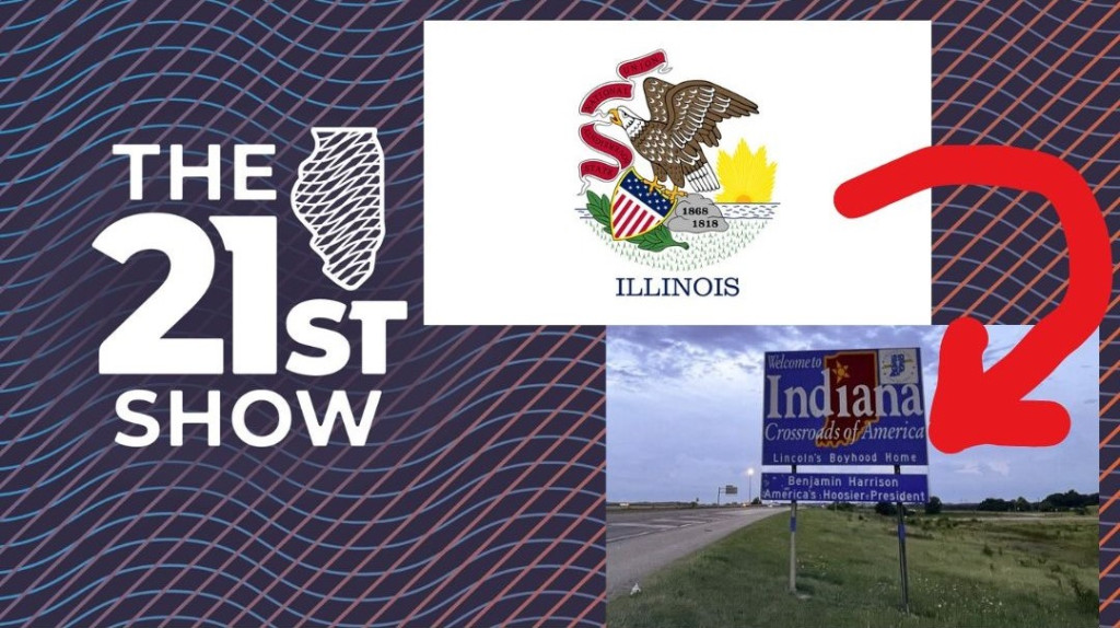 Upper pic: State flag of Illinois. Bottom pic:  a sign on Interstate 70 West in Richmond, Indiana, welcoming travelers to Indiana. 