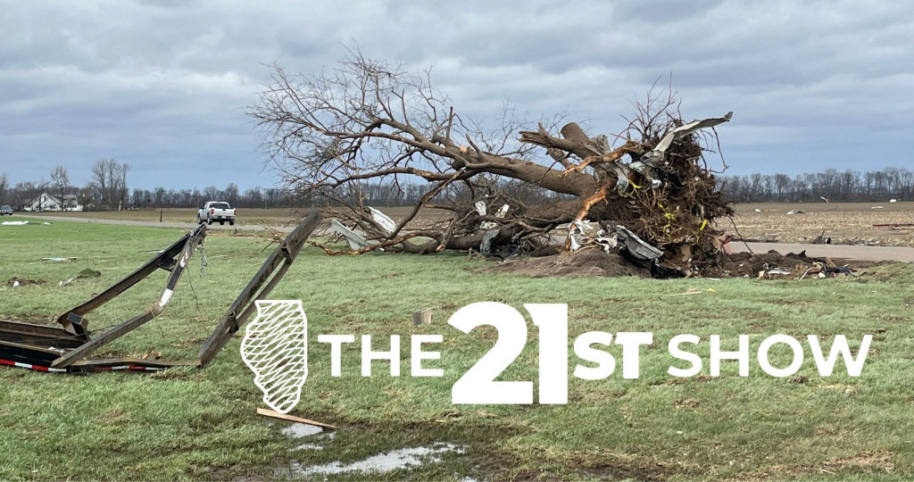Overturned tree filled with debris after tornado moved through Crawford County in April 2023.