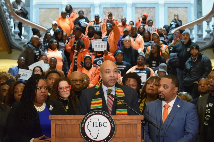 Rep. Justin Slaughter, D-Chicago, speaks during an Illinois Legislative Black Caucus event in the Capitol rotunda. 