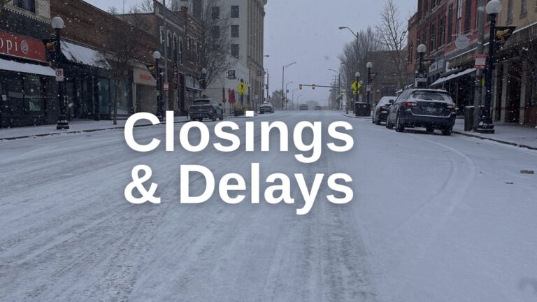 Image of snowy street with a Closing and Delays headline