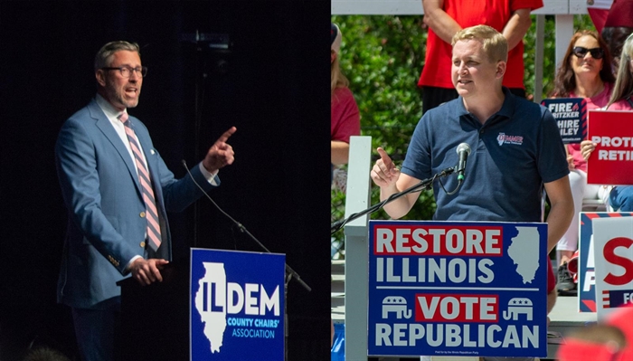 State Treasurer Mike Frerichs, left, and his opponent Tom Demmer are pictured during Illinois State Fair political days in Springfield.