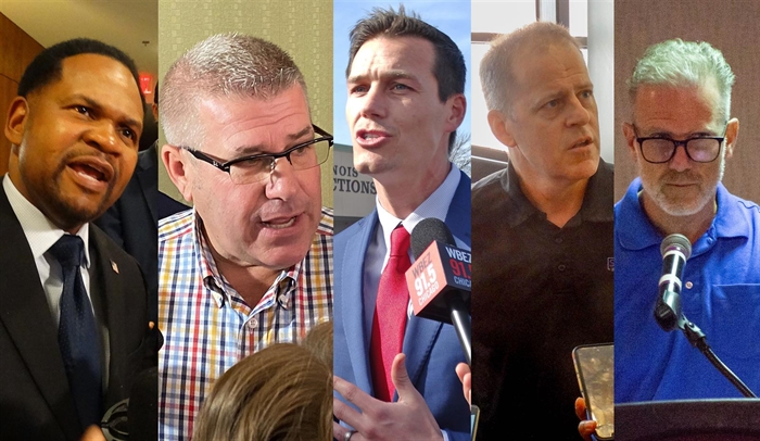 The Republican candidates for governor are pictured in Capitol News Illinois file photos. From left to right, they are Richard Irvin, Darren Bailey, Jesse Sullivan, Paul Schimpf and Gary Rabine. Not pictured is Max Solomon. 