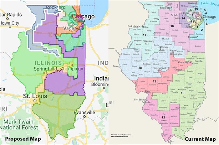 On the left is the newest proposed map of legislative districts in Illinois compared to the current map, on the right. 