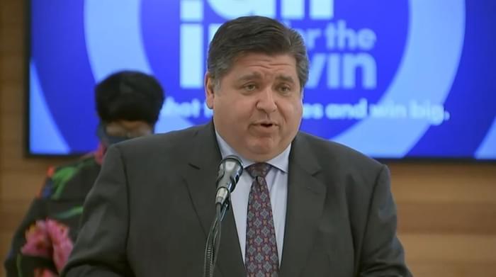 Gov. JB Pritzker speaks at an event in Chicago Thursday to announce a $10 million lottery in which vaccinated Illinoisans will be automatically entered.