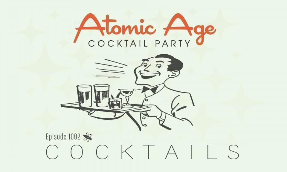 Atomic Age Cocktail Party logo with an illustration of a waiter holding a tray of drinks