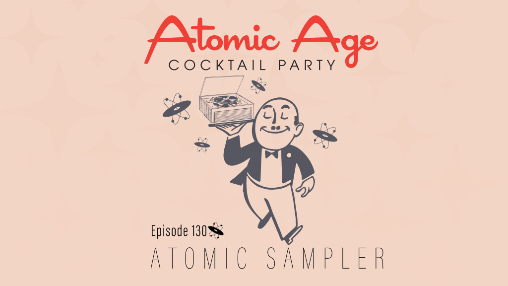 Atomic Age logo with an illustration of a waiter holding a try with a record player on it. Text reads