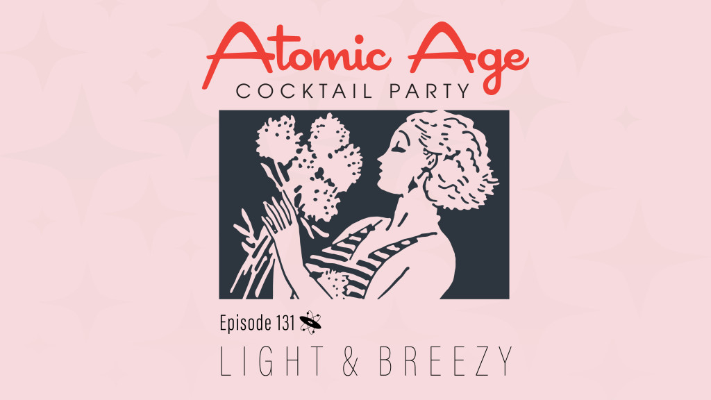 Atomic Age logo with an illustration of a woman holding a bunch of flower. Text reads